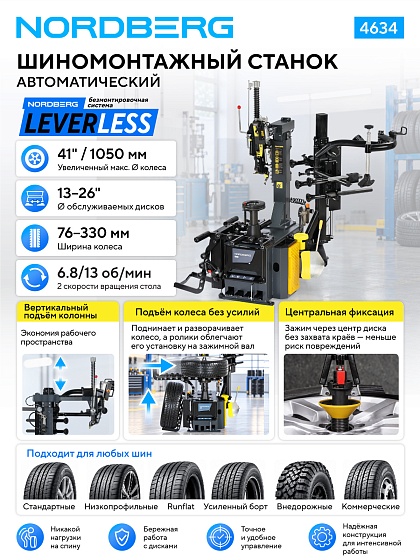 Станок шиномонтажный автомат, до 26", с автоматической монтажной головкой, серый NORDBERG 4634