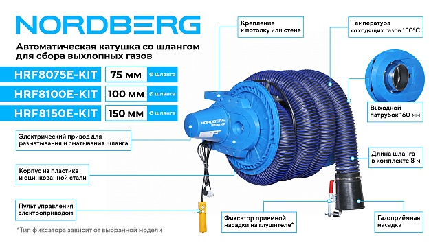 Катушка для сбора выхлопных газов с автоматическим приводом со шлангом L=8 м, D=75 мм и насадкой  NORDBERG HRF8075E-KIT