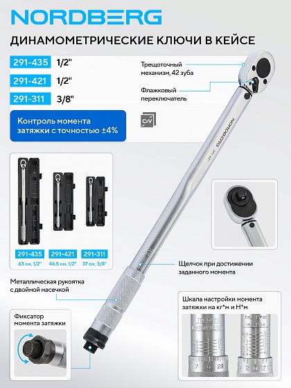 Ключ динамометрический 1/2", 28-210 Нм, в кейсе NORDBERG 291-421