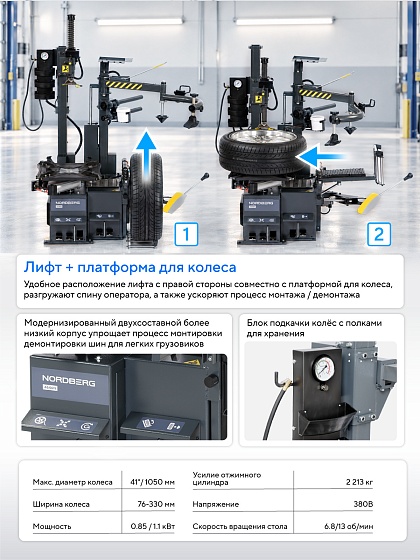 Станок шиномонтажный автомат, двухскоростной, 380 В, серый NORDBERG 4646N